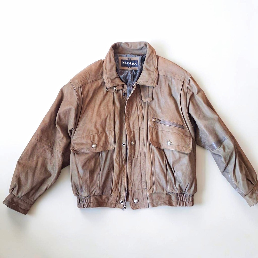 Vintage 80s Nouveaux Distressed Genuine Leather Bomber Jacket Taupe Brown S M